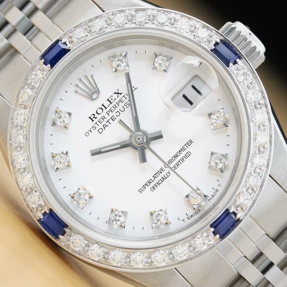 LADIES ROLEX DATEJUST FACTORY DIAL 18K GOLD SAPPHIRE WATCH - Picture 1 of 6